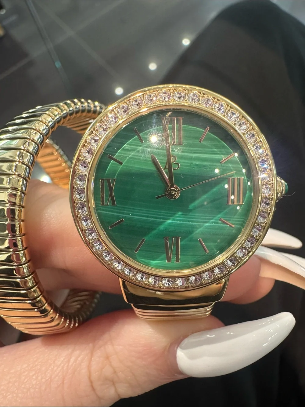 NEW Colleen Lopez gold-tone crystal bezel tubogas coil watch w/ green malachite